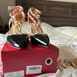Hecater Black Patent Gold Stud Heels